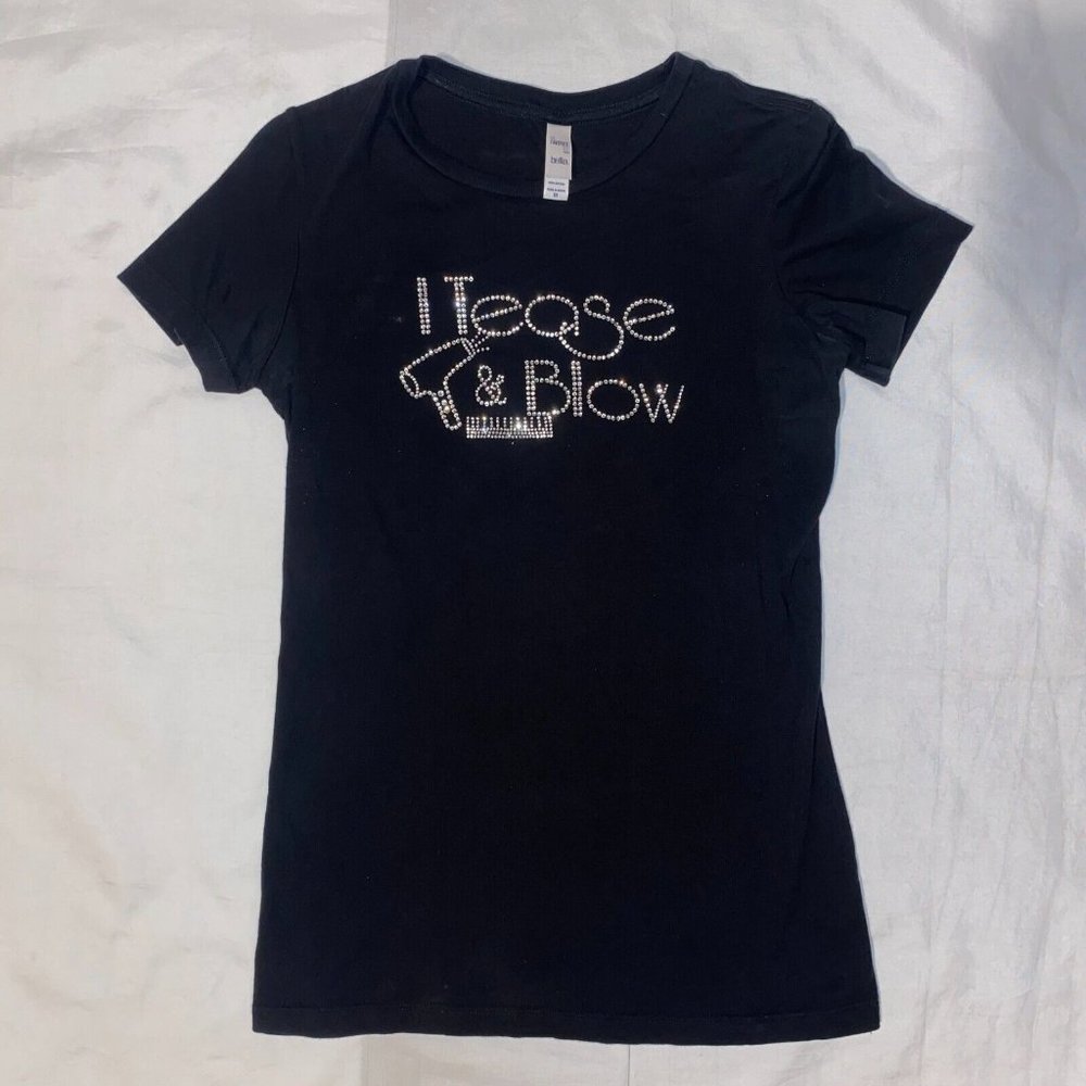 I Tease & Blow Funny Cosmetologist Rhinestone Crystal Logo Black Tshirt - S